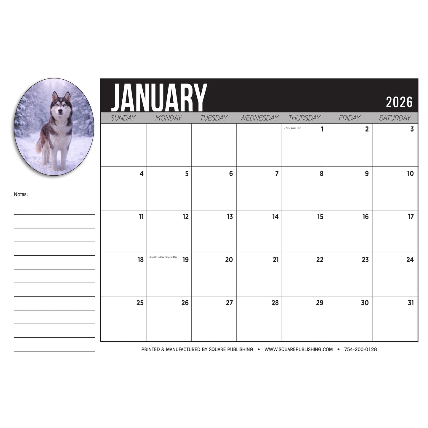 2026 Husky Desktop Calendar - Large 19"x13" Monthly Desk Calendar with Cute Dog Photography, Notes and Holidays