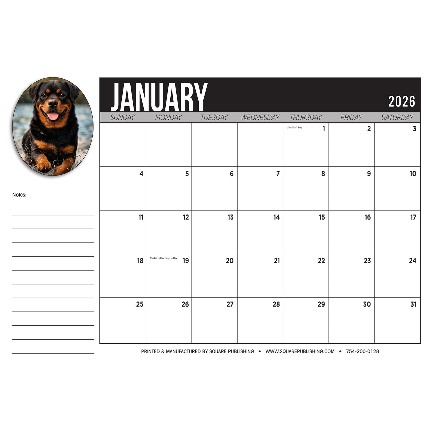 2026 Rottweiler Desktop Calendar – Large 19” x 13” Monthly Desk Calendar with Dog Photography, Notes and Holidays