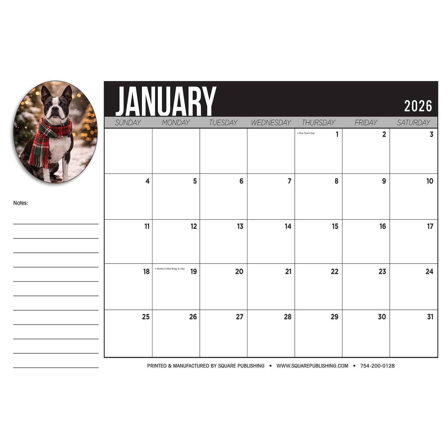 2026 Boston Terrier Desktop Calendar - Large 19"x13" Monthly Desk Calendar with Cute Dog Photography, Notes and Holidays