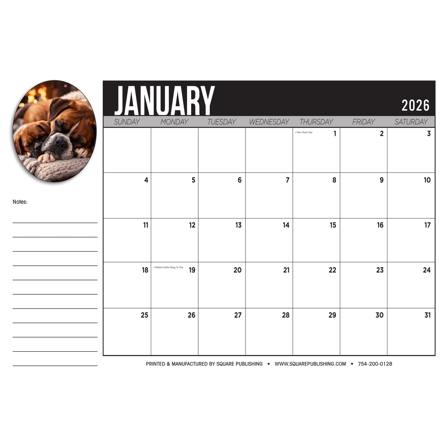 2026 Boxer Desktop Calendar - Large 19"x13" Monthly Desk Calendar with Cute Dog Photography, Notes and Holidays