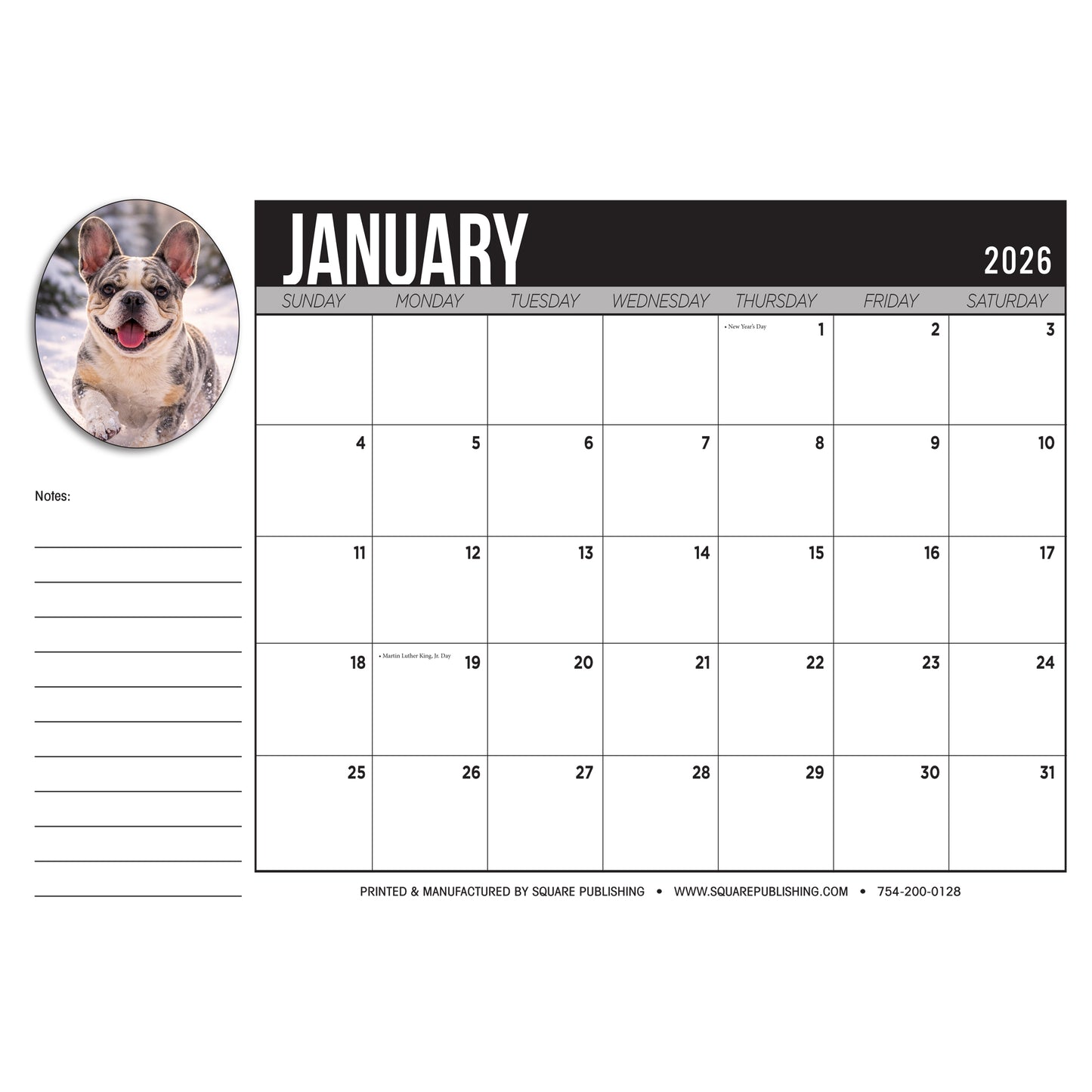 2026 French Bulldog Desktop Calendar - Large 19"x13" Monthly Desk Calendar with Cute Dog Photography, Notes and Holidays