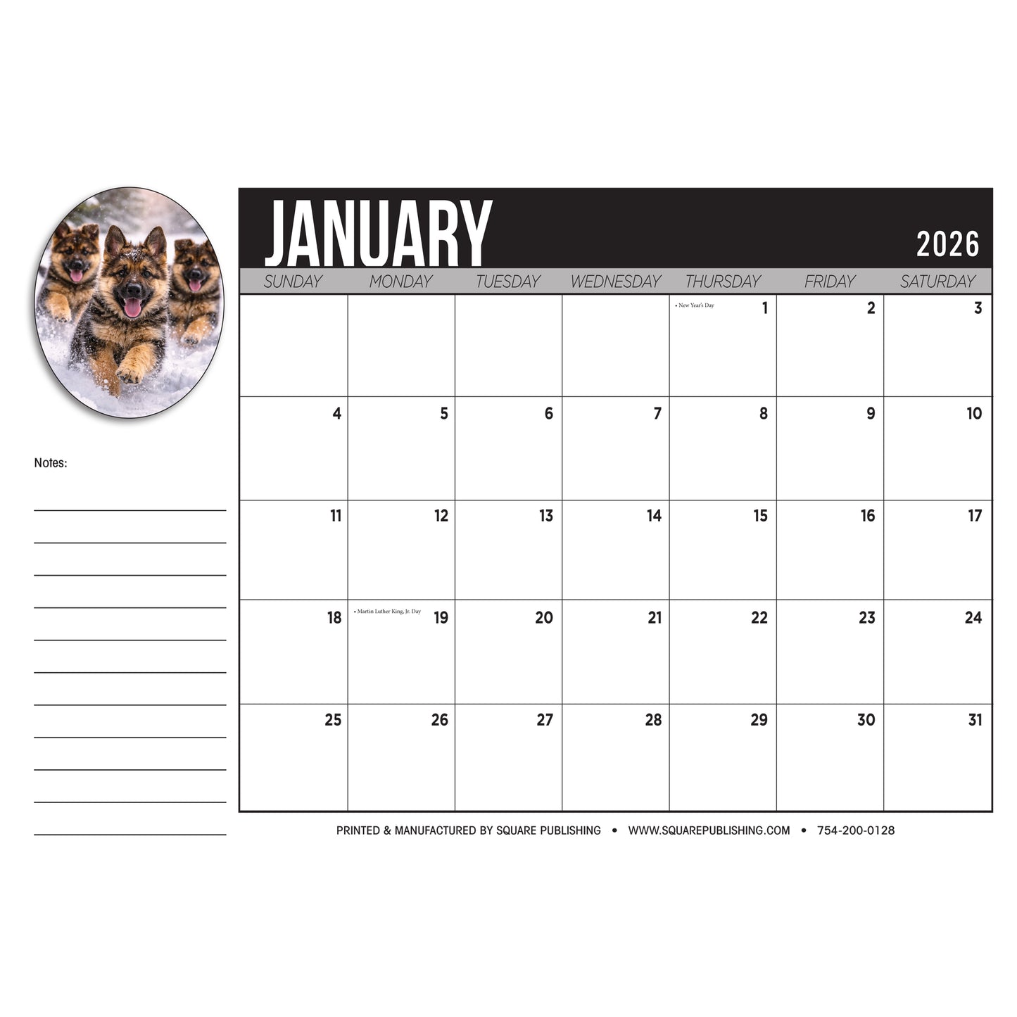 2026 German Shepard Desktop Calendar - Large 19"x13" Monthly Desk Calendar with Cute Dog Photography, Notes and Holidays