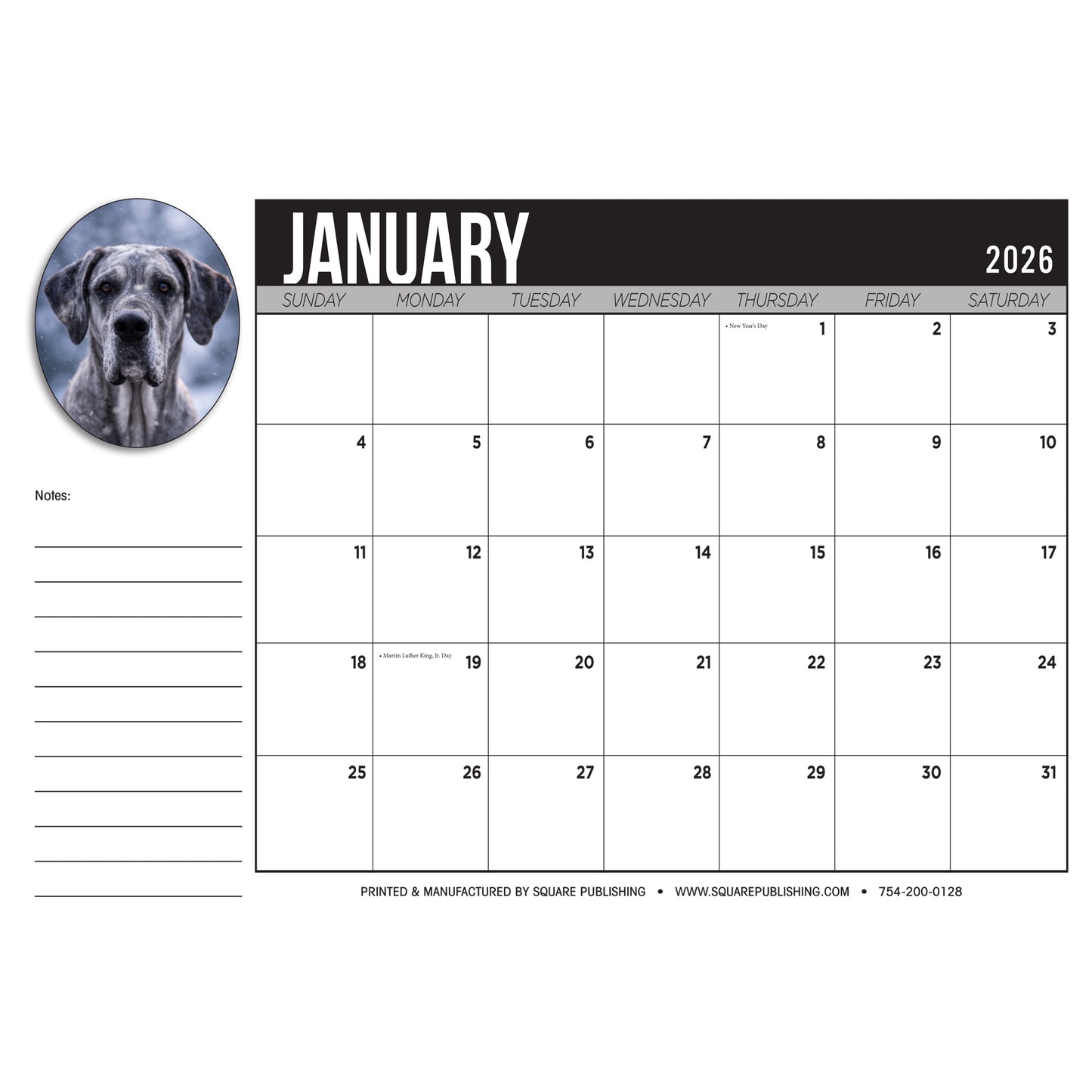 2026 Great Dane Desktop Calendar - Large 19"x13" Monthly Desk Calendar with Cute Dog Photography, Notes and Holidays