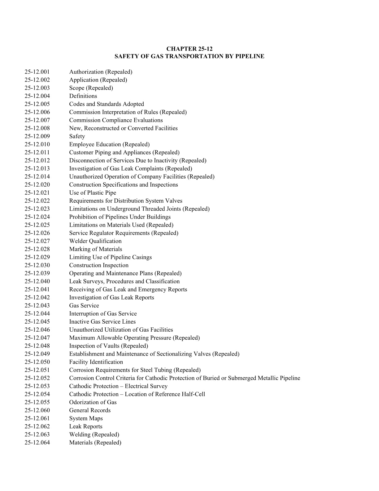 Rules of the Public Service Commission, Chapter 25-12, Safety of Gas Transportation by Pipeline, 2019