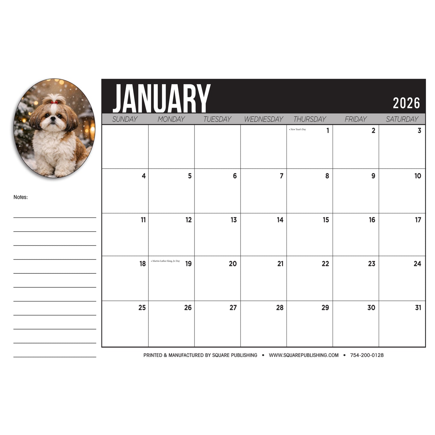 2026 Shih Tzu Desktop Calendar - Large 19"x13" Monthly Desk Calendar with Cute Dog Photography, Notes and Holidays